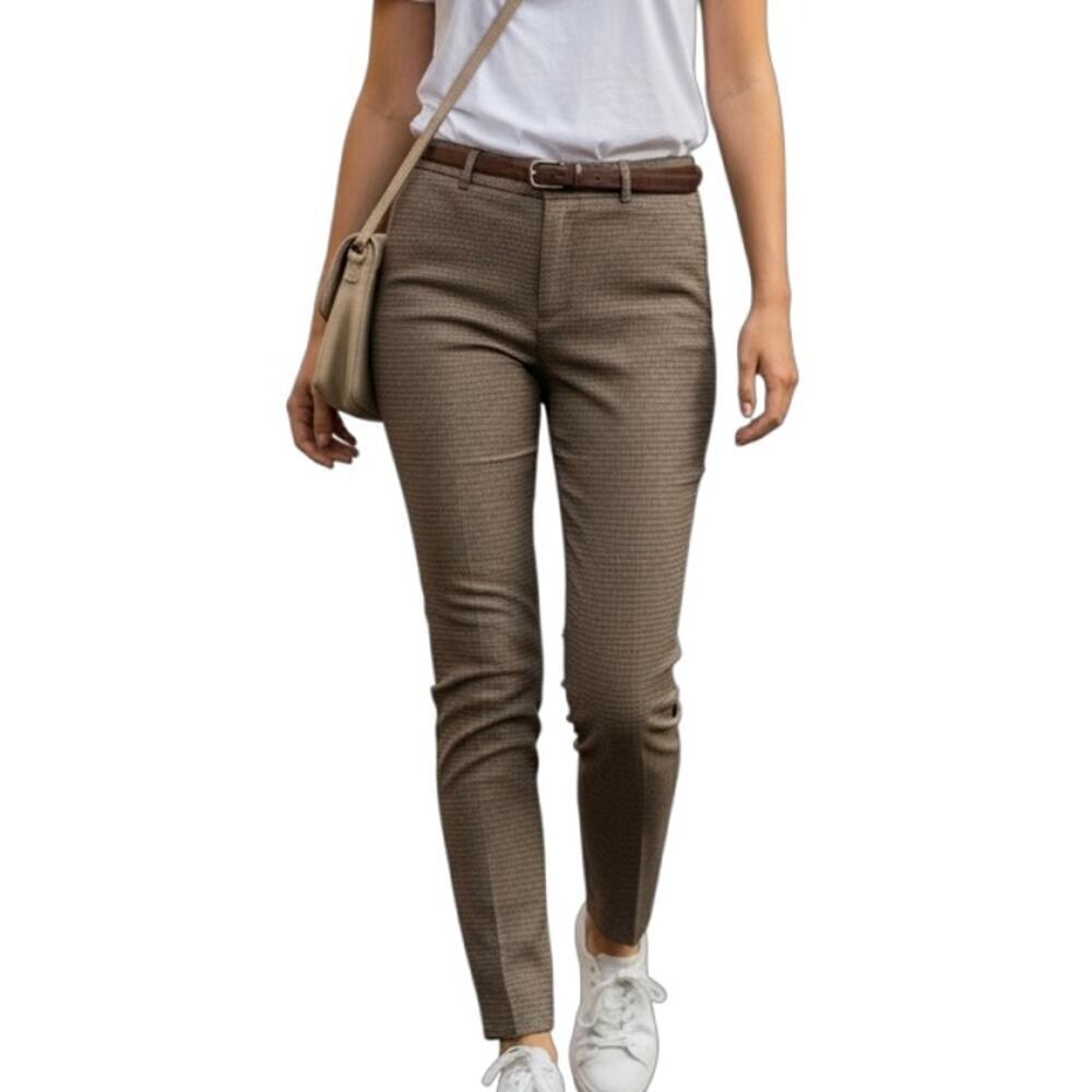 H&M Women's Skinny Fit Suit Pants Size 26 Houndstooth Plaid Beige Woven Trousers